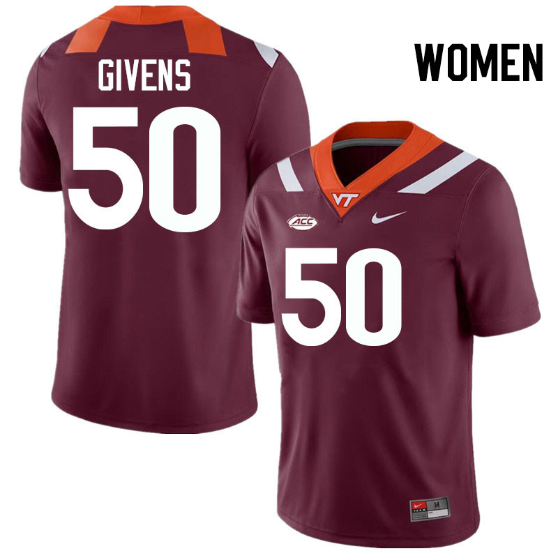 Women #50 Gunner Givens Virginia Tech Hokies College Football Jerseys Stitched-Maroon